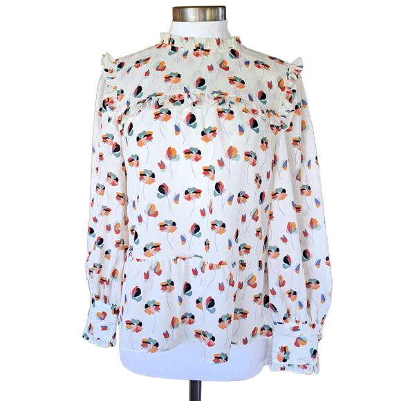 CROSBY by Mollie Burch Floral Ruffle Top Small Cream Multi Long Sleeve Swingy - Picture 2 of 9